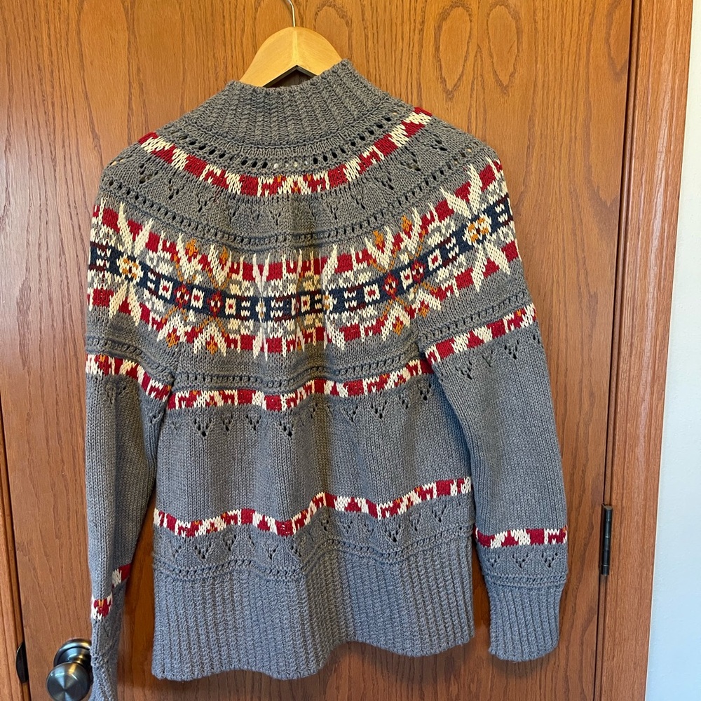 L.L. Bean Gray Fair Isle Button Cardigan with Red, Navy & Tan Accents - Picture 2 of 3